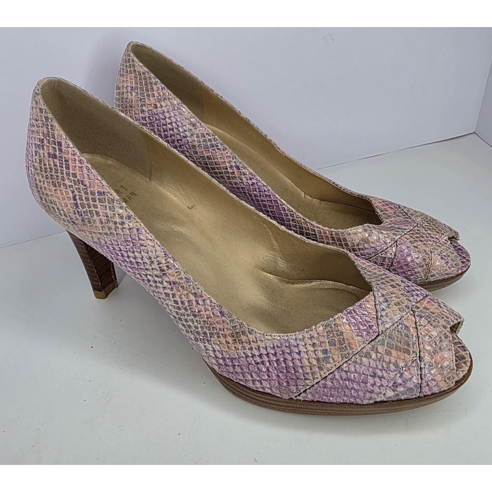 Stuart Weitzman Pink Iridescent Snake Style Womens Sz 8.5 Snake Peep Toe Pumps